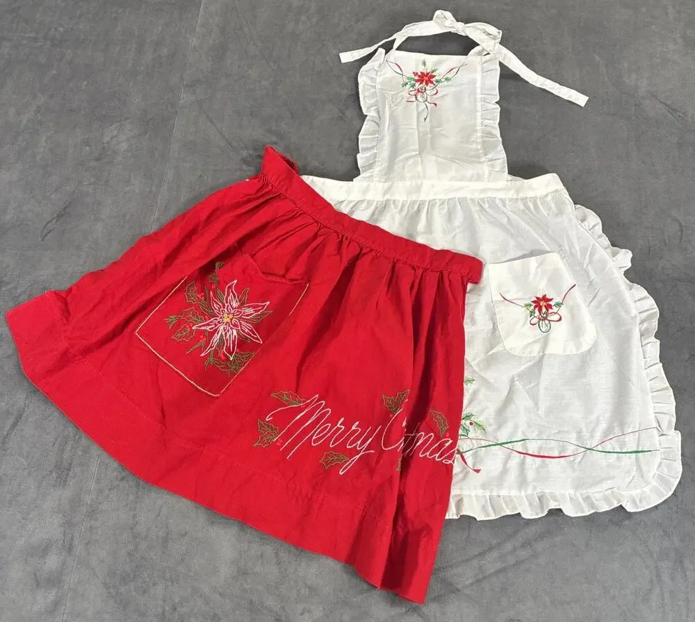 Vintage Lot of 2 Christmas Aprons, 1 Half, 1 Full Embroidered White & Red Chrty
